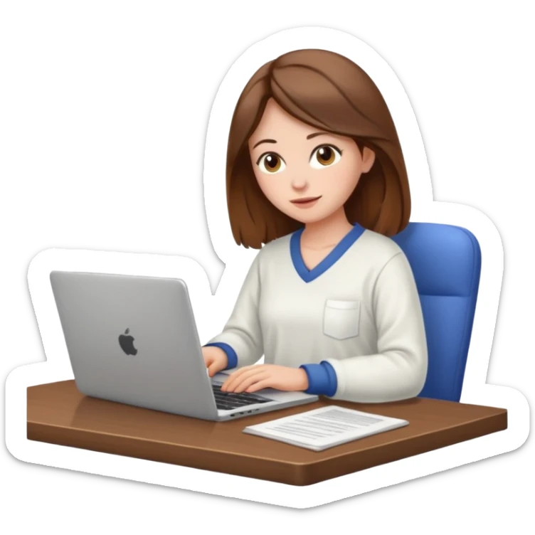 A brown hair, white skin woman with home outfit scrolling, with a laptop open to a work document sticker