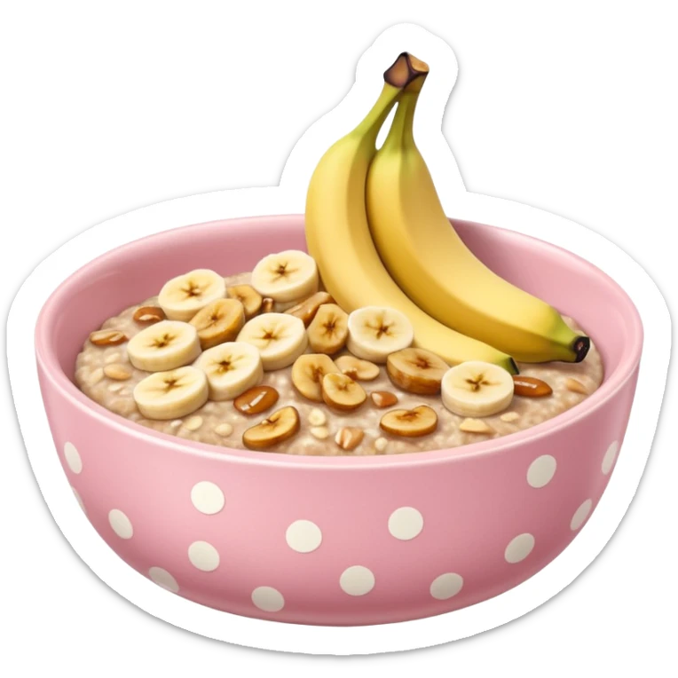 banana baked oats in a bowl like oat meal with a couple banana slices on top that look a little bit caramelised and a light pink bowl with white polka dots sticker
