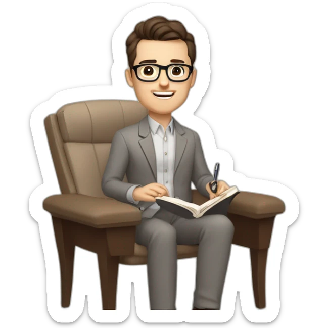 Pale skinned Fit Man With dark brown hair in gray jacket, beige office shirt, Brown pants and vintage glasses sitting In a soft chair with a notebook on spring with emblem Ψ and a pen sticker