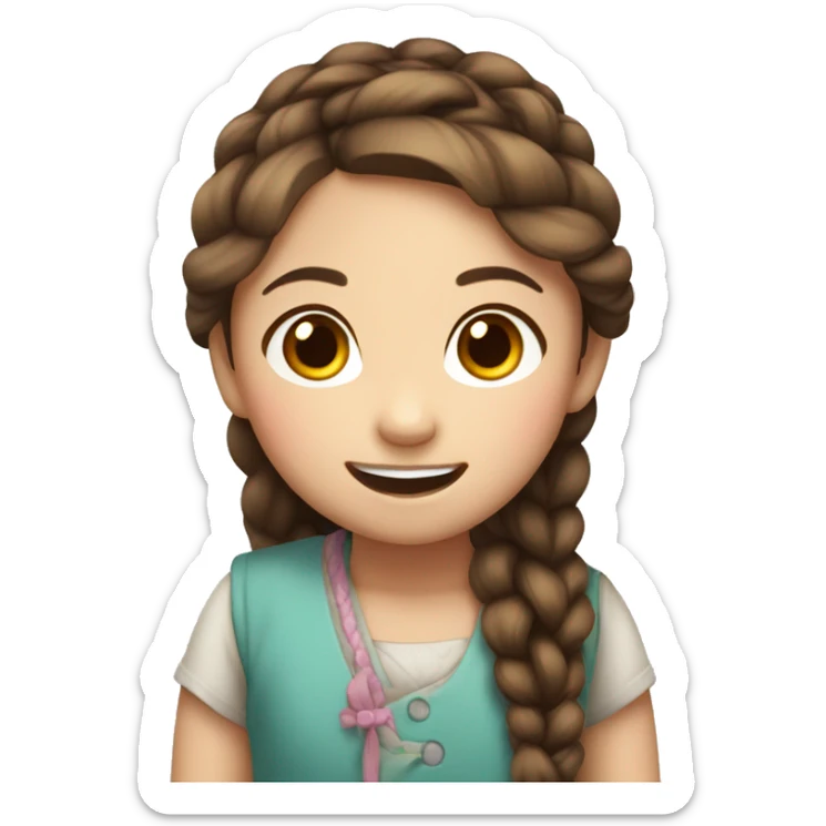 little Chinese girl, long brown hair in a braid, brown eyes, open-mouth smile sticker