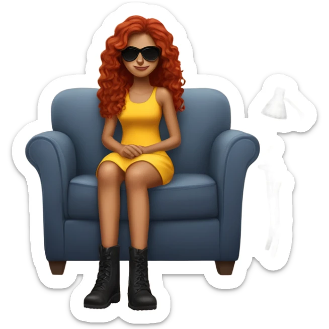 Latina with long red wavy hair with dark sunglasses a yellow sundress and black combat boots sitting on the couch sticker