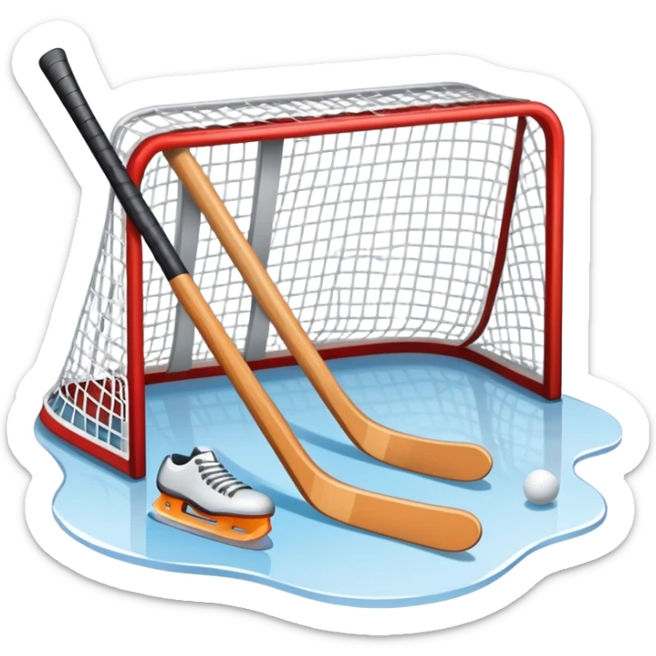 An icon showing a close-up of a hockey stick, puck, skates, and hockey net placed on the ice. The background features a packed stadium with bright lights, cheering fans, and snowy scenery outside. Transparent background highlights the key elements of the game. sticker