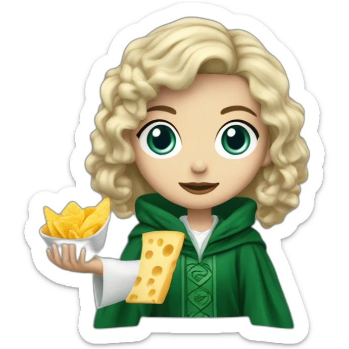 Blue eyes Slytherin robe girl with short wavy ash blonde hair eating chips and cheese hogwarts robe sticker