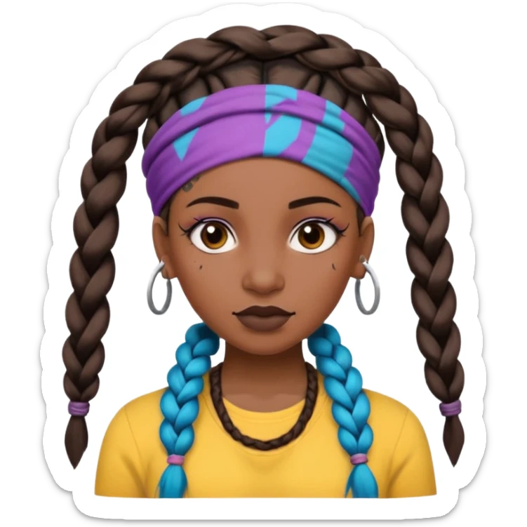 big lose braids starting from the top of the head woman face wiith big visible braids and mono color headband on head  face and braids as big as headband and lots and lots of face tattoos colored tattoos like a tattoo artist hair unique color sticker