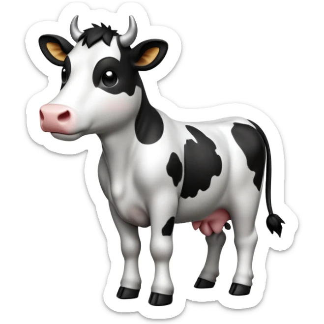 cinematic-[cow]-realistic-full-body-standing-emoji,-tail-flicking-lazily,-head-tilted-dramatically,-sleek-[black and white]-fur,-simplified-yet-realistic-focused-features,-highly-detailed,-glowing-with-an-almost-sarcastic-glow sticker