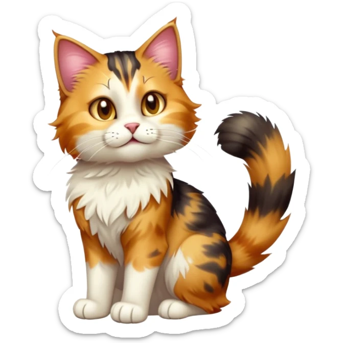 cinematic-[calico tabby cat]-realistic-full-body-sitting-emoji,-tail-curled-playfully-around-its-paws,-head-tilted-dramatically,-scruffy-[calico]-fur,-simplified-yet-realistic-adorable-features,-highly-detailed,-glowing-with-an-almost-sarcastic-glow sticker