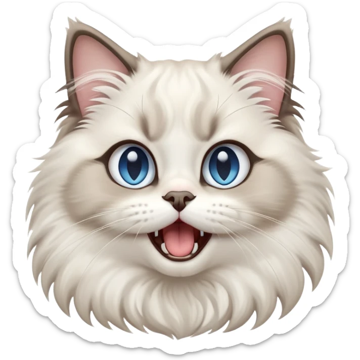 cinematic-adorable-big-eyed-fluffy-ragdoll-cat-portrait-emoji,-head-tilted-playfully-with-a-cute,-exaggerated-yawn,-white and grey fur,-simplified-yet-irresistibly-cute-features, blue eyes sticker