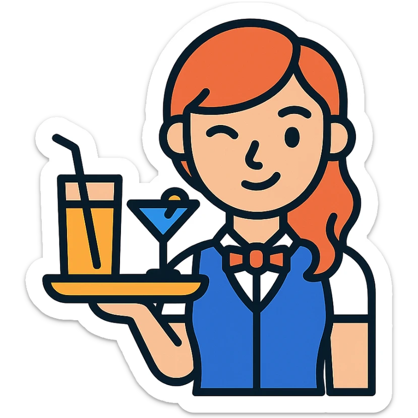 icon of a flirty bartender girl holding a tray of drinks, minimal, clean lines, modern icon style, color outlined sticker