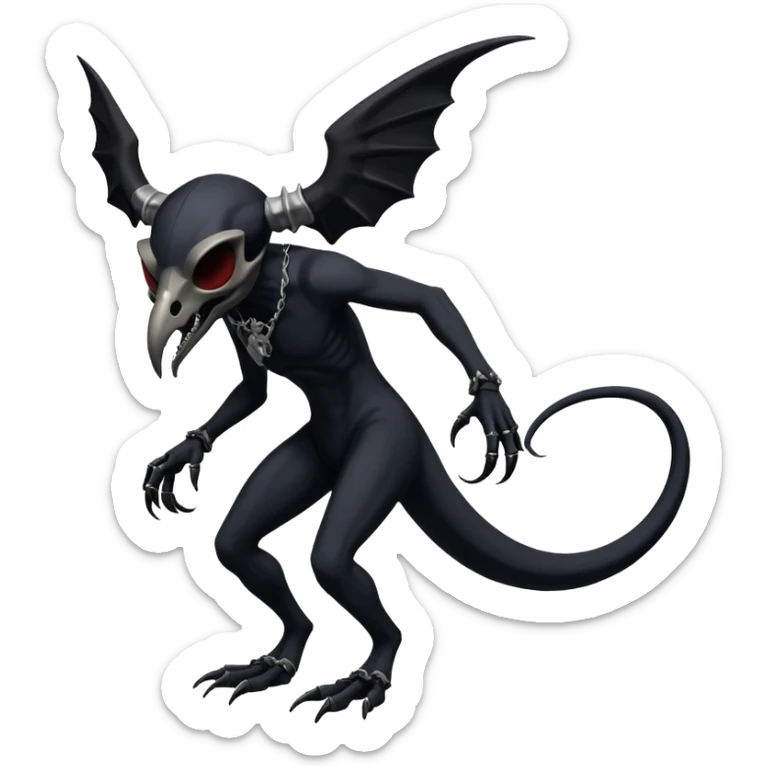 Shiny Dark Edgy  Duskull-Salandit-Inteleon-Amaura-Fakémon-hybrid-creature (full body) with a horned bird-skull-mask sticker