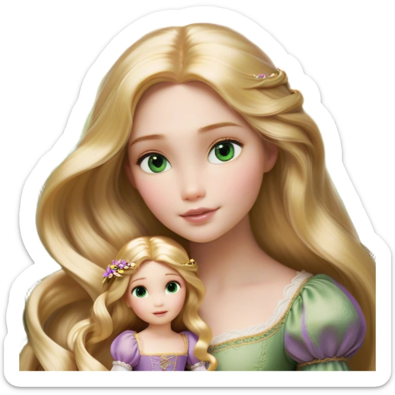 Cinematic Realistic Rapunzel Portrait, with porcelain-like skin featuring a subtle, natural glow, illuminated by soft lighting that brings out the gentle contours of her face. Her long, golden blonde hair cascades in detailed waves, each strand highlighted with a radiant shimmer as it catches the light. Her bright, expressive green eyes exude curiosity and warmth, framed by delicate lashes and soft, arched brows. Her expression is playful and vibrant, with a gentle smile. She is dressed in her classic lavender and pink gown, the fabric textured with delicate folds that flow naturally, catching the light with a soft, radiant glow. The portrait captures a luminous, enchanting aura, seamlessly blending realism with a whimsical, fairytale charm, evoking a timeless sense of beauty and magic. sticker