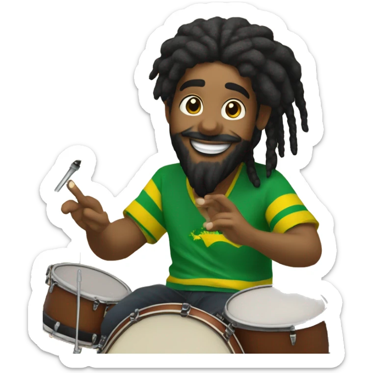 Create an image of a Brazilian drummer with tied hair, a beard, and Rastafarian style, expressing joy while playing drums in his live stream. Include the logo "GG Lukas Drummer" in the background. sticker