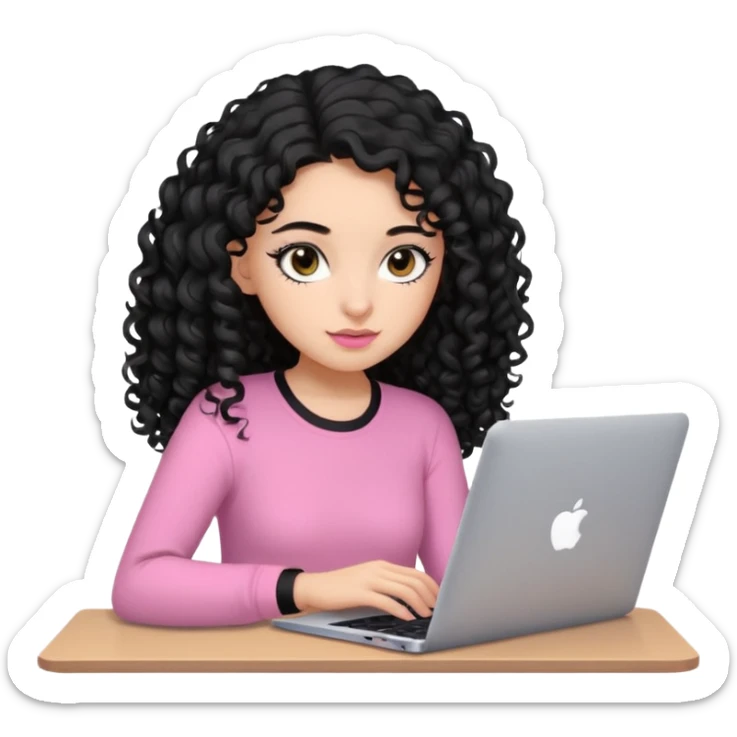 a girl typing mac book with long black curly hair and brown eyes with black eyeliner, pink shirt sticker