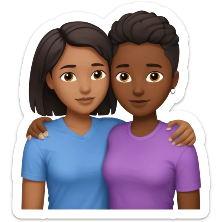 Black lesbian couple with one dark skin masculine with short hair low cut fade with a t shirt and one feminine with long hair in a blouse hugging  sticker