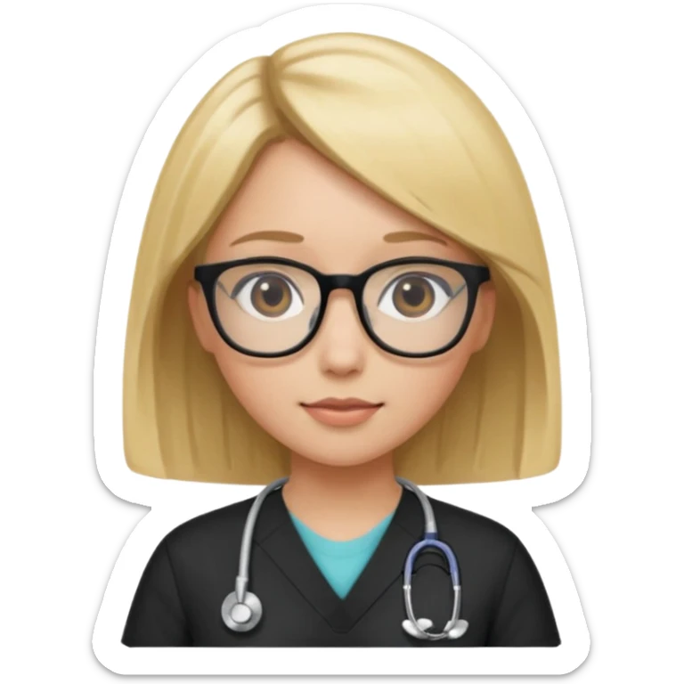 A girl in black scrubs with a blonde bob and glasses no stethoscope  sticker