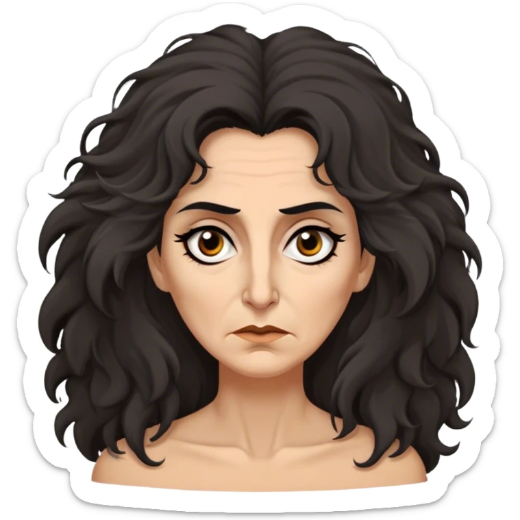 Mirri Maz Duur is a weathered, age 50 woman with deep-set dark eyes, high cheekbones, and a sharp nose, giving her a stern, knowing expression. Her long, unkempt dark frizzy hair  falls loosely over her shoulders sticker