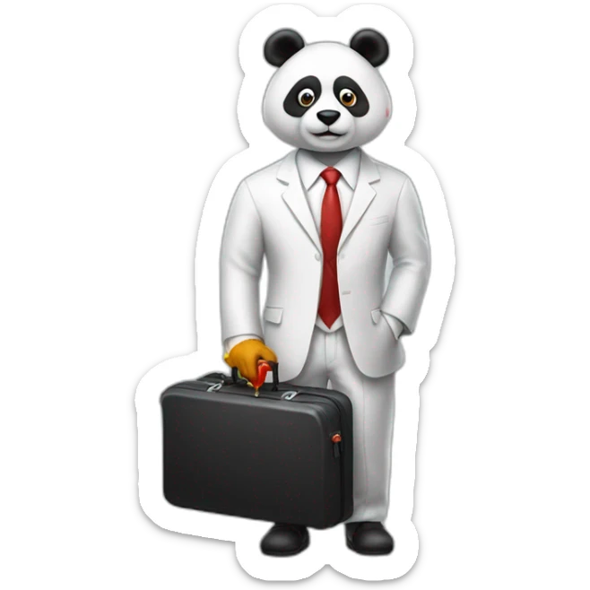 A professor with white suit and red tie and a panda face eating a hotdog and holding a black suitcase sticker