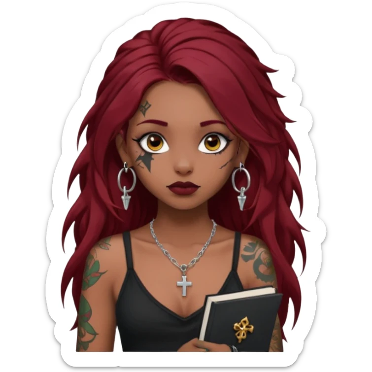 generate an ios genmoji of a dusky girl with long dark red messy hair with eyeliner on her eyes. septum piercing, wearing a cami black top, has tattoos, on shoulders. ear piercings. wearing a cross silver necklace. carrying a lot of sketchbooks sticker