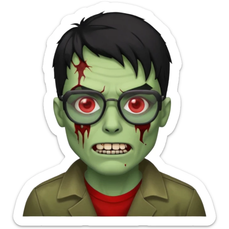 homem zumbi de óculos cabelo preto com muita olheira deixar pele dele verde dentes brancos e olhos vermelhos e ensanguentados deixar óculos quadrado e preto e olhos cheio de veias vermelhas e encher o rosto de piercings colocar piercing em todo rosto sticker