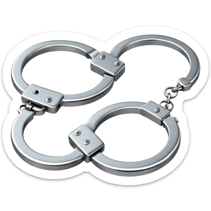 A pair of elegant handcuffs emoji made of silver chrome, smooth rounded design, glossy metallic reflections, luxury fetish aesthetic, minimal iOS emoji style, centered, clean white background sticker