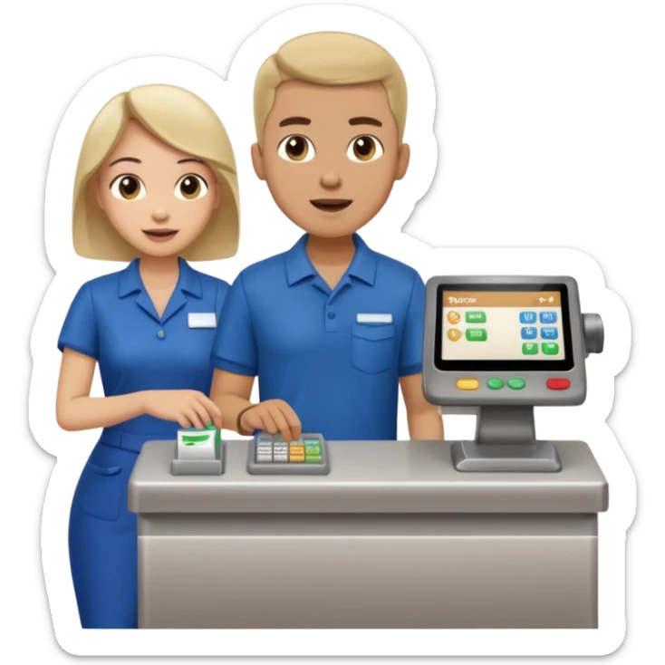 Supermarket employee at a cash register, full body, serving a man surprised sticker