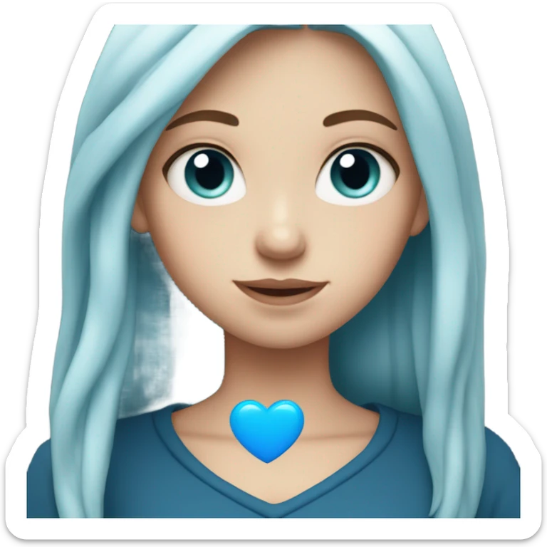 white girl with long blue hair in a black sweatshirt holding a blue heart sticker