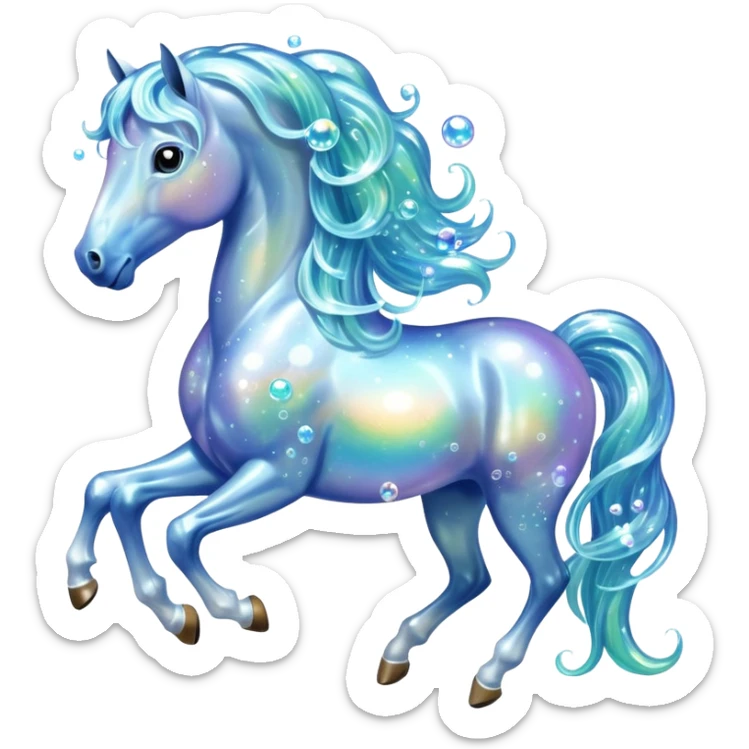 A magical horse made entirely of transparent bubbles and water, with a flowing mane of small bubbles sticker