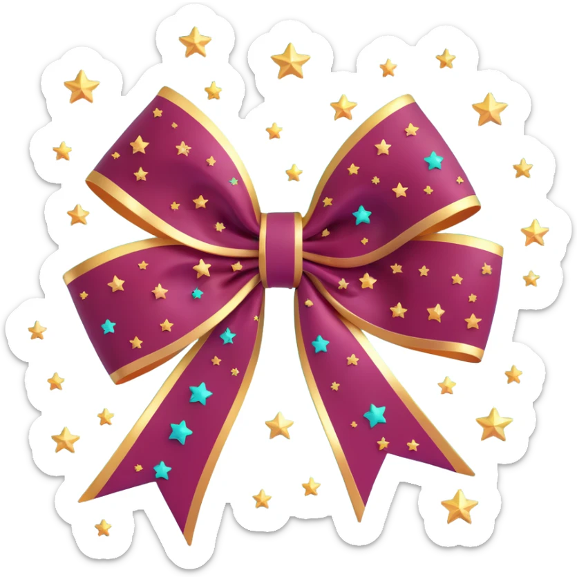 sparkly burgundy bow with gold outline and stars, frosted glass effect sticker