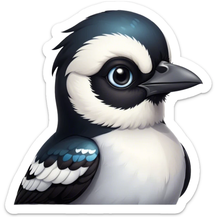 Cinematic Cute Magpie Portrait Emoji, Head tilted playfully and inquisitively, featuring a compact, elegant form with glossy, contrasting black and white feathers and round, sparkling eyes full of playful charm, Simplified yet irresistibly adorable features, highly detailed, glowing with a warm, inviting glow, high shine, affectionate and lively, stylized with a touch of whimsical urban flair, soft glowing outline, capturing the essence of a mischievous yet endearing magpie that seems as if it could flit out of the screen into your arms! sticker