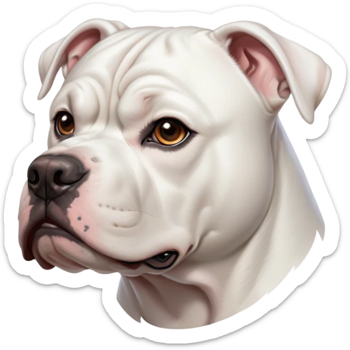 Cinematic Noble White American Bulldog Portrait Emoji, Poised and regal, with a powerful, muscular build and a sleek, well-groomed pure white coat, deep-set soulful brown eyes, Simplified yet sharp and sophisticated features, highly detailed, glowing with a soft, dignified glow, high shine, intelligent and loyal, stylized with an air of strength, focused and attentive, soft glowing outline, capturing the essence of a watchful and confident guardian, so majestic it feels as though it could step out of the screen with effortless authority! sticker