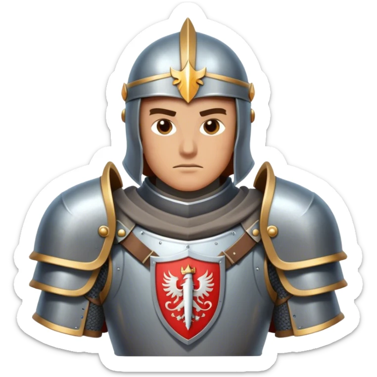 Clash of Clans aesthetic friendly Knight Portrait Emoji, With a noble, armored build featuring a gleaming suit adorned with intricate heraldry and a determined gaze behind a visored helm, his face rendered in a natural skin tone (not yellow), Simplified yet dynamic features, highly detailed, glowing with a cool, steely radiance, high shine, courageous and resolute, stylized with an air of chivalric valor, focused and stalwart, soft glowing outline, capturing the essence of a valiant knight ready to charge into epic quests with honor! sticker