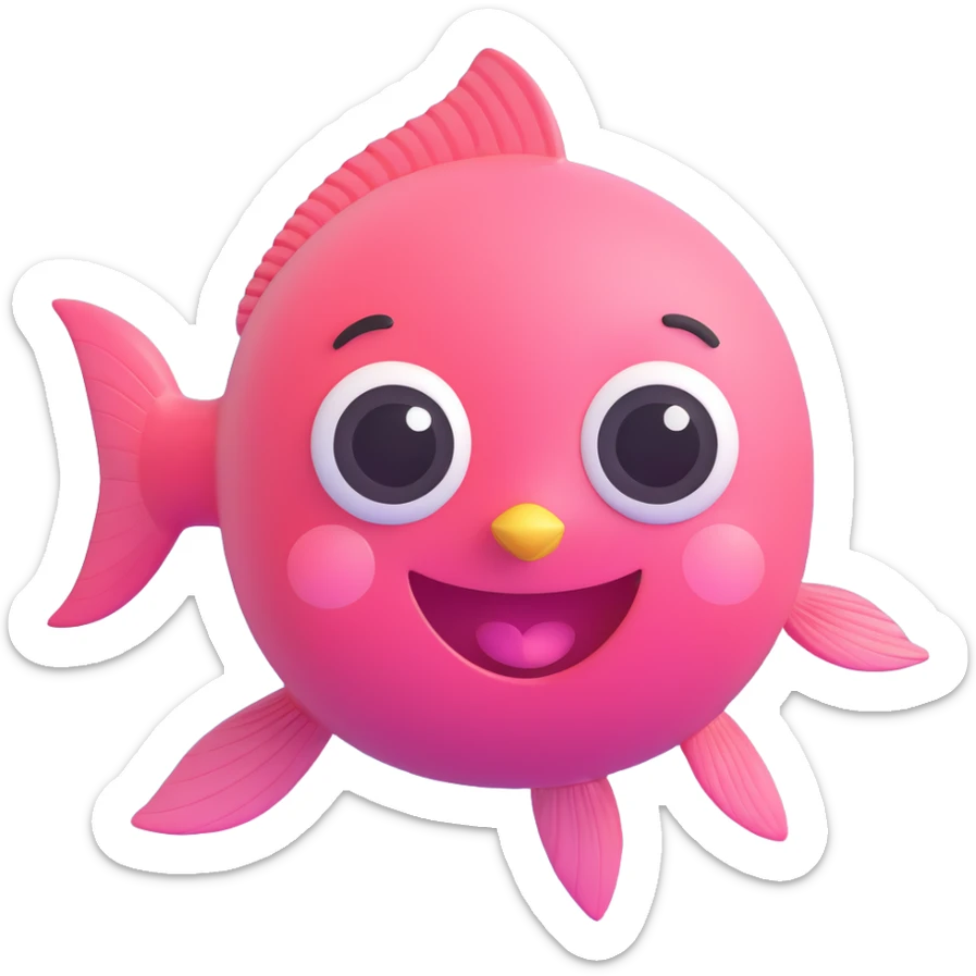 cute pink fish emoji, swimming, big smiling face, huge shiny eyes, rosy cheeks, tiny fins, soft pastel colors, underwater background with bubbles and coral, 3D glossy style, chibi emoji look, super kawaii sticker