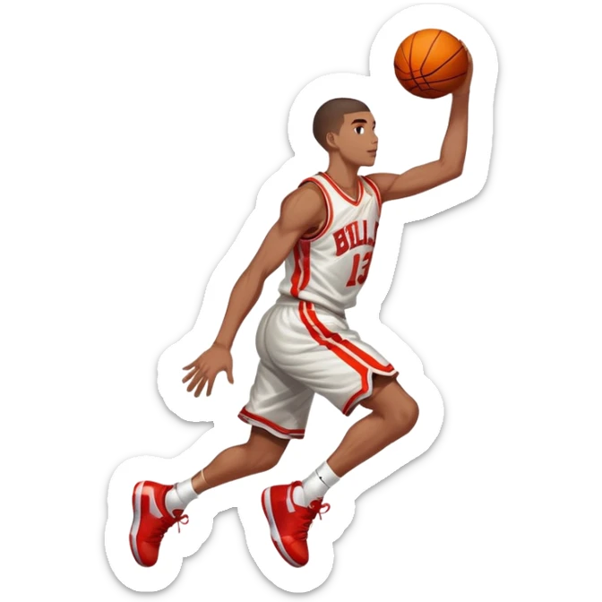 An icon showing a close-up of a basketball player in mid-air, performing an impressive dunk, inspired by NBA 2K25. The player is focused, with the ball in hand and the court in the background. Bright lights emphasize the action and excitement. Transparent background. sticker