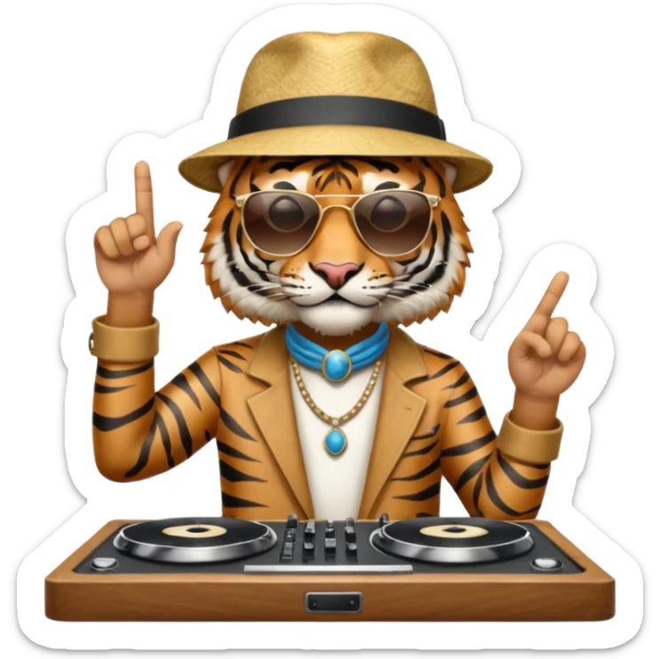 Un tigre con sombrero estilo cubano, una mesa de dj y gafas de sol. Una mano en la mesa de dj y la otra mano señalando al cielo a Dios sticker