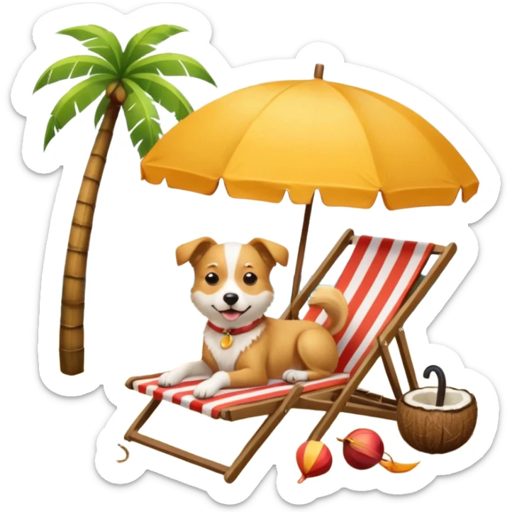 a dog laied on a beach chair, a sunny beach, a sun umbrella, and beach coconut trees. the icon should capture the essence of a relaxing beach vacation with a carefree atmosphere sticker