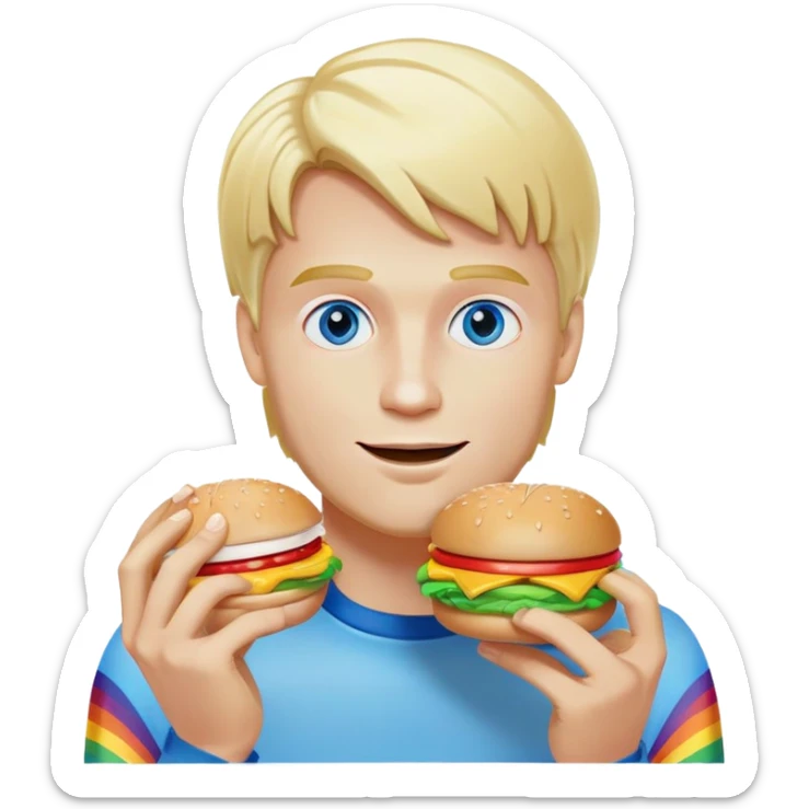 Blonde man with white skin and blue eyes eating a McDonald's hamburger, rainbow LGBT colors sticker
