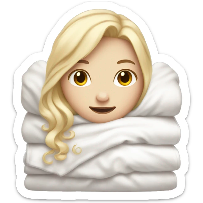 Pale Girl with blonde hair  laying down cozy in a white blanket sticker