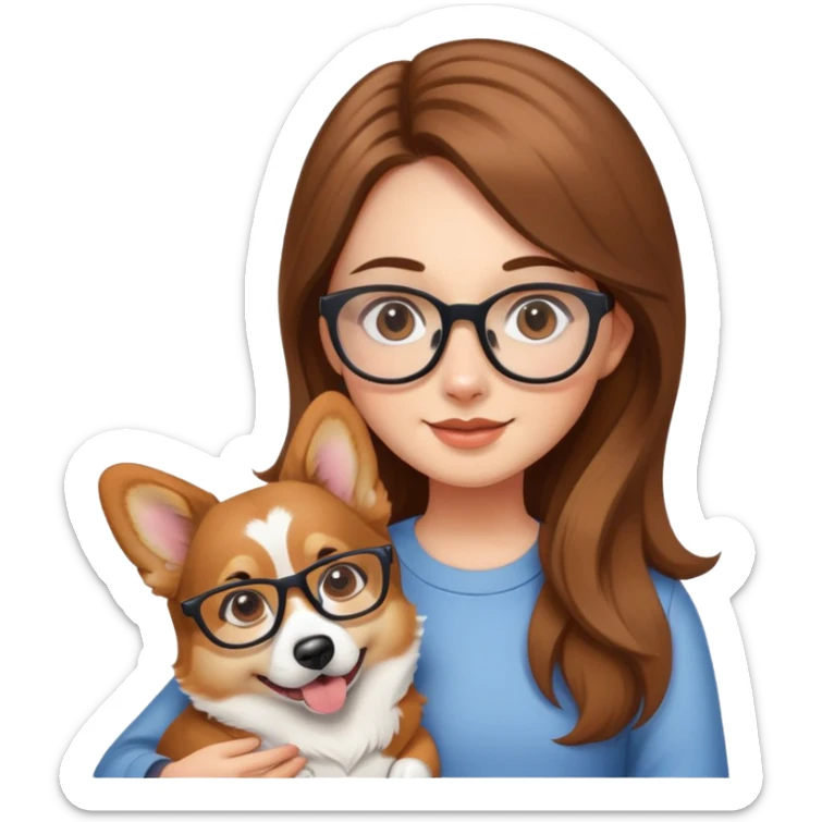 A girl with long brown hair and glasses is holding a corgi sticker