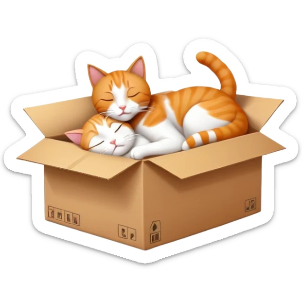 a cardboard box with two cats in it: one cat is alive, and one cat is asleep to symbolise schrodinger's cat.  sticker