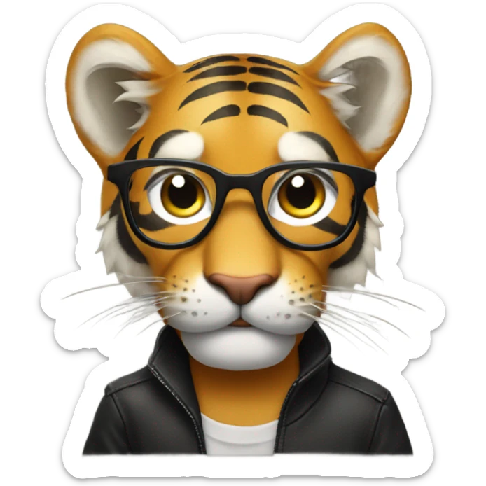 Make me a tiger wearing black horn-rimmed glasses and holding a microphone sticker