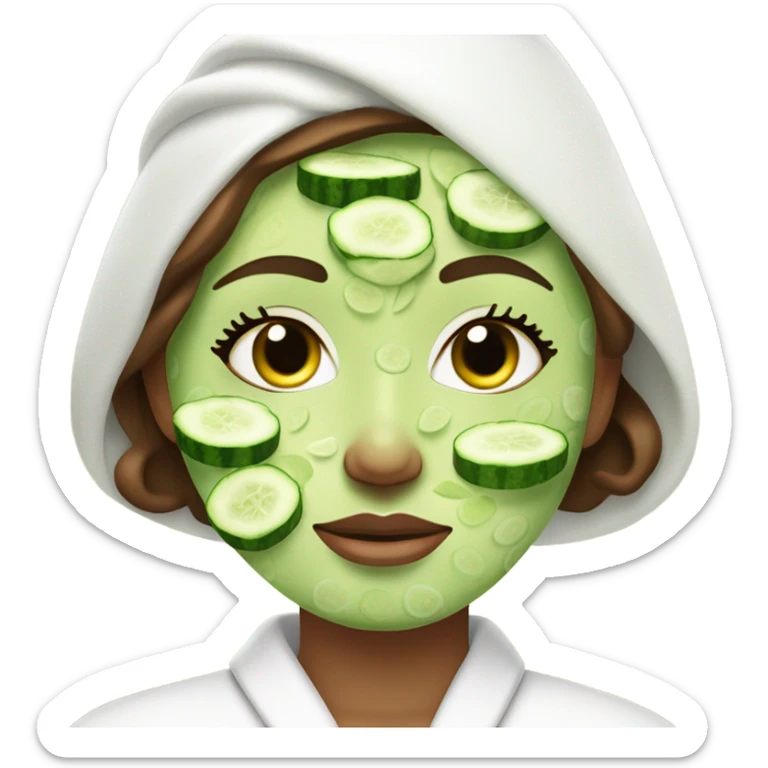 Girl with freackles Brown hair white skin and blue eyes wears Green colored texture skin care mask all over her face while She relaxes and puts two round piece of cucumber on her closed eyes In a white Robe sticker
