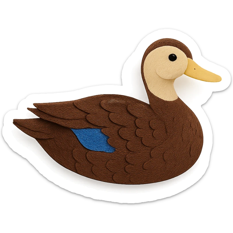 American Black Duck in paper craft style, layered paper details, rich brown plumage, pale face, naturalistic pose, blue wing patch sticker