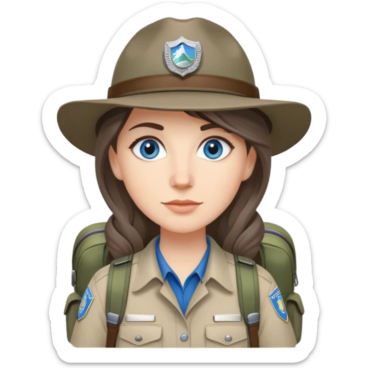 white woman park ranger with gray and brown hair, blue eyes, wearing a backpack sticker