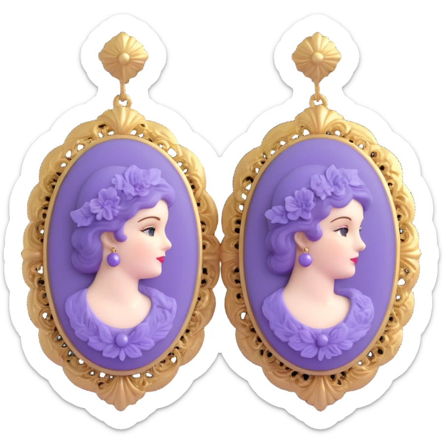 3D emoji-style vintage purple cameo earrings, ornate and elegant sticker