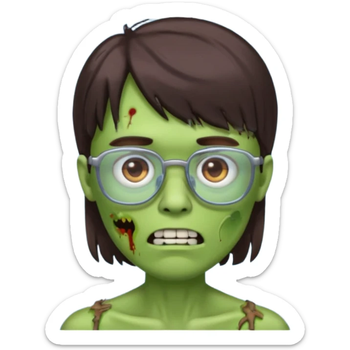 an emoji of a male green zombie with dark brown hair and female bangs that cover your entire forehead and extend to your eyebrows, wearing square, bluish glasses. sticker