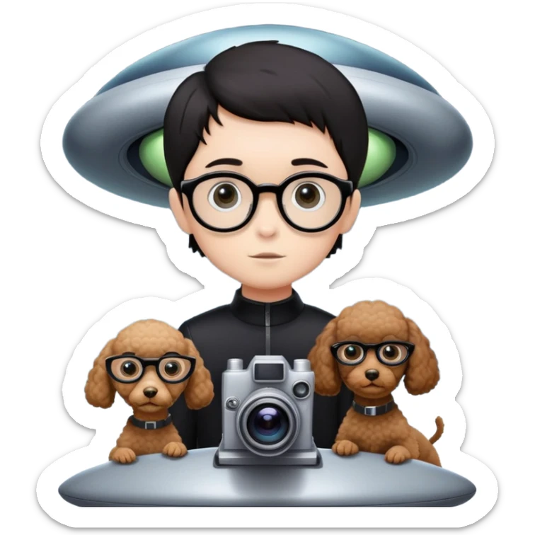 A little boy with straight black medium-length hair, white skin, and black eyes wearing black-framed glasses is taking photos on a UFO with a camera. Beside him, there is an alien and a brown round-headed poodle. sticker