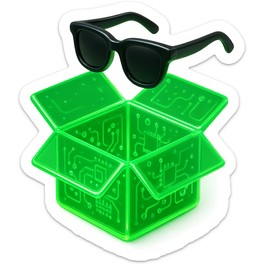 green neon delivery box opened with a pair of black sunglasses flying above the box, glowing, modern, vibrant style sticker