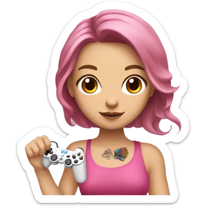 White girl with arm tattoo and brown hair holding a pink game controller sticker