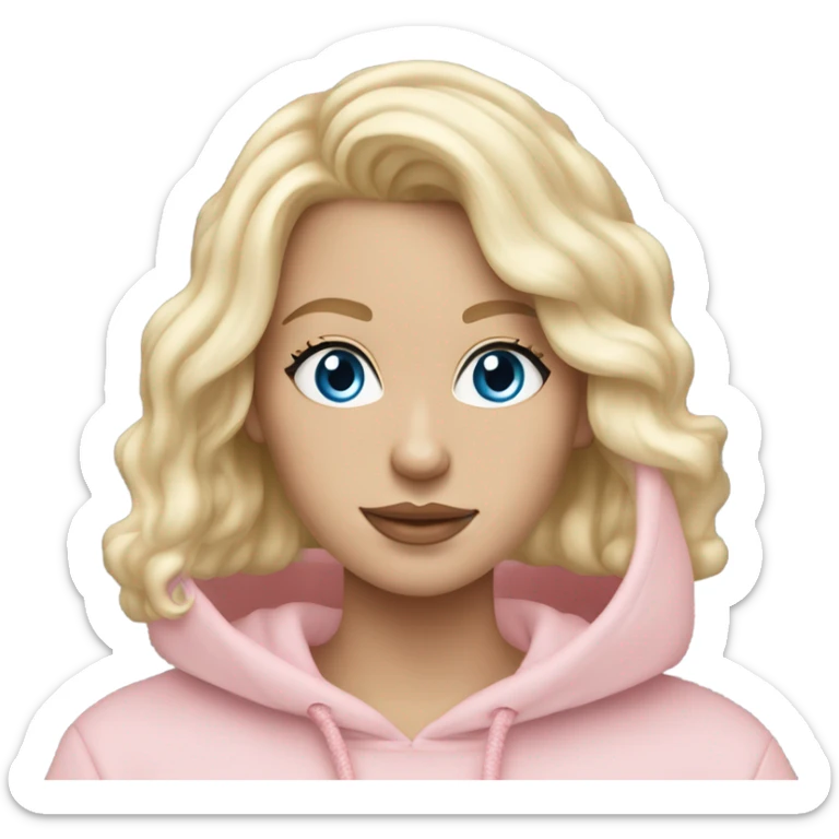body White girl with platinum wavy blond hair and stunning blue eyes wearing jewelry and a light pink oversize hoodie sticker