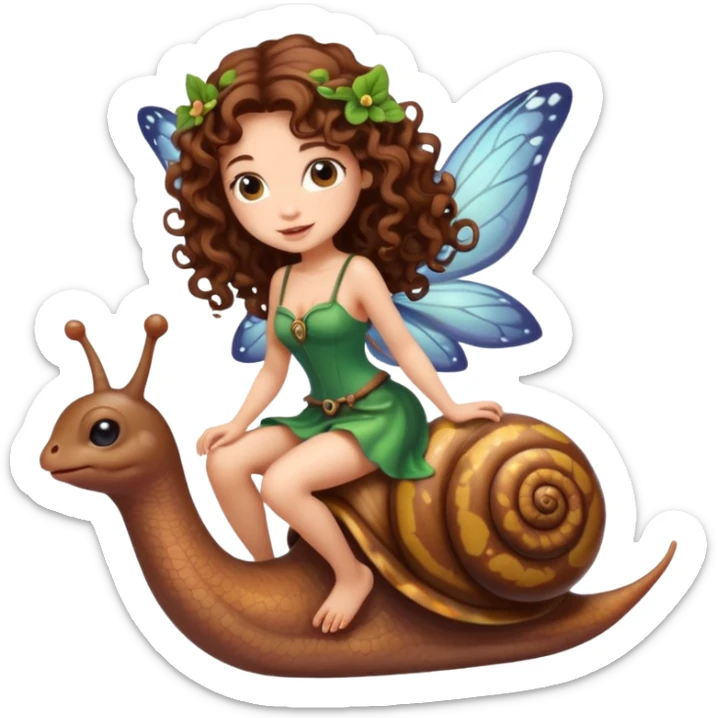 cute fairy woman long curly brown hair tattoos riding tiny snail sticker
