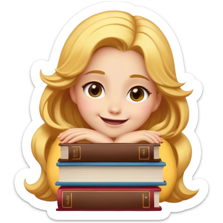 Cinematic Adorable Belle Portrait Emoji, Giggling as she hugs a stack of books, eyes twinkling with excitement, golden hair tousled slightly, a perfect mix of beauty and endearing nerdiness! sticker